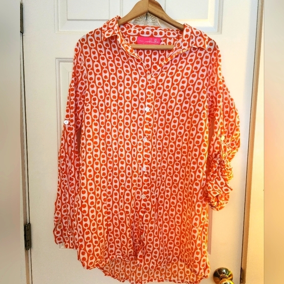 Mary Marshmallow long sleeve button geometric  Orange and White sizexl beach - Picture 1 of 9